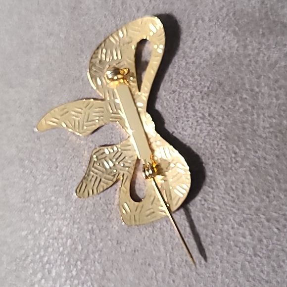 Vintage 1980's Gold Tone Cloisonne Bow Brooch Floral Enamel - Picture 2 of 11